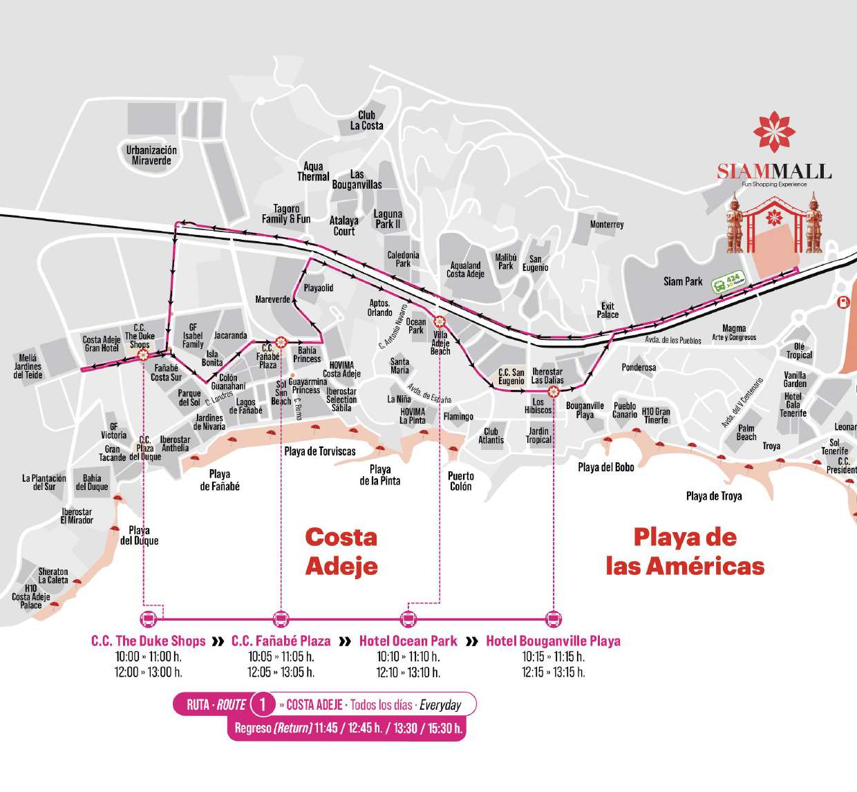 Karte der Route 1 des Gratis-Busses der Siam Mall — Costa Adeje