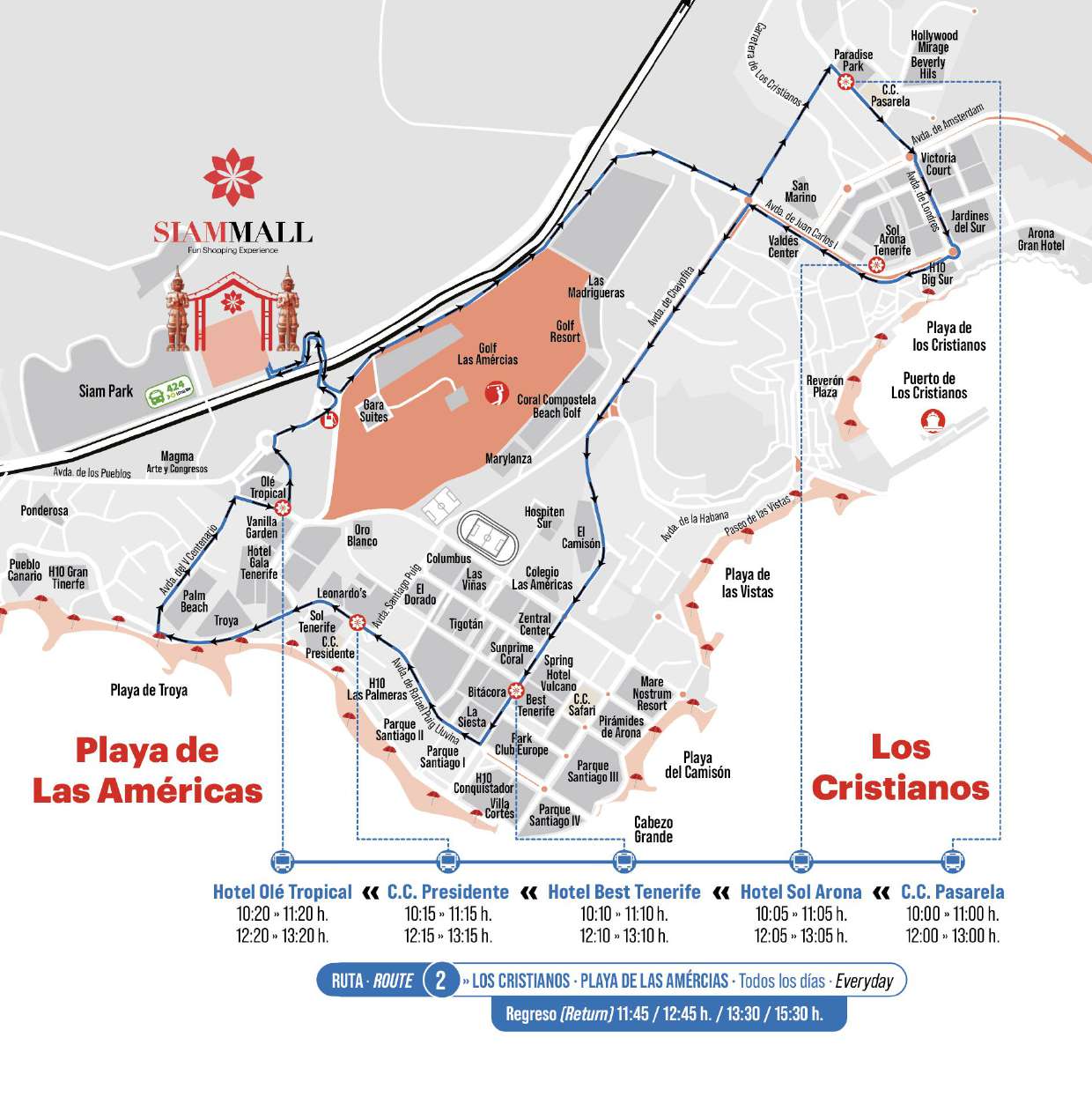 Karte der Route 2 des Gratis-Busses der Siam Mall — Los Cristianos und Playa de las Américas