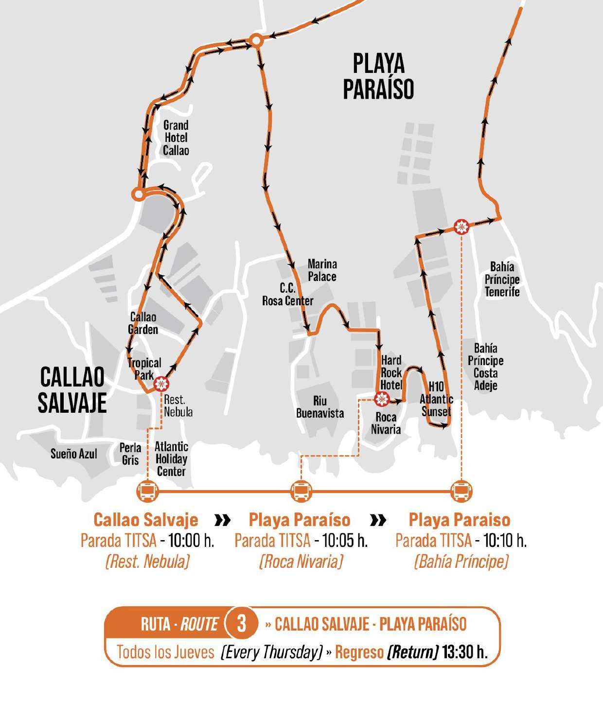 Karte der Route 3 des Gratis-Busses der Siam Mall — Callao Salvaje und Playa Paraíso